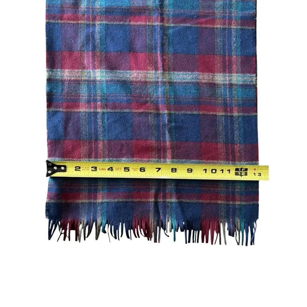 Pendleton 100% Virgin Wool Scarf Blue Plaid Fringed Made In USA 58” X 12”